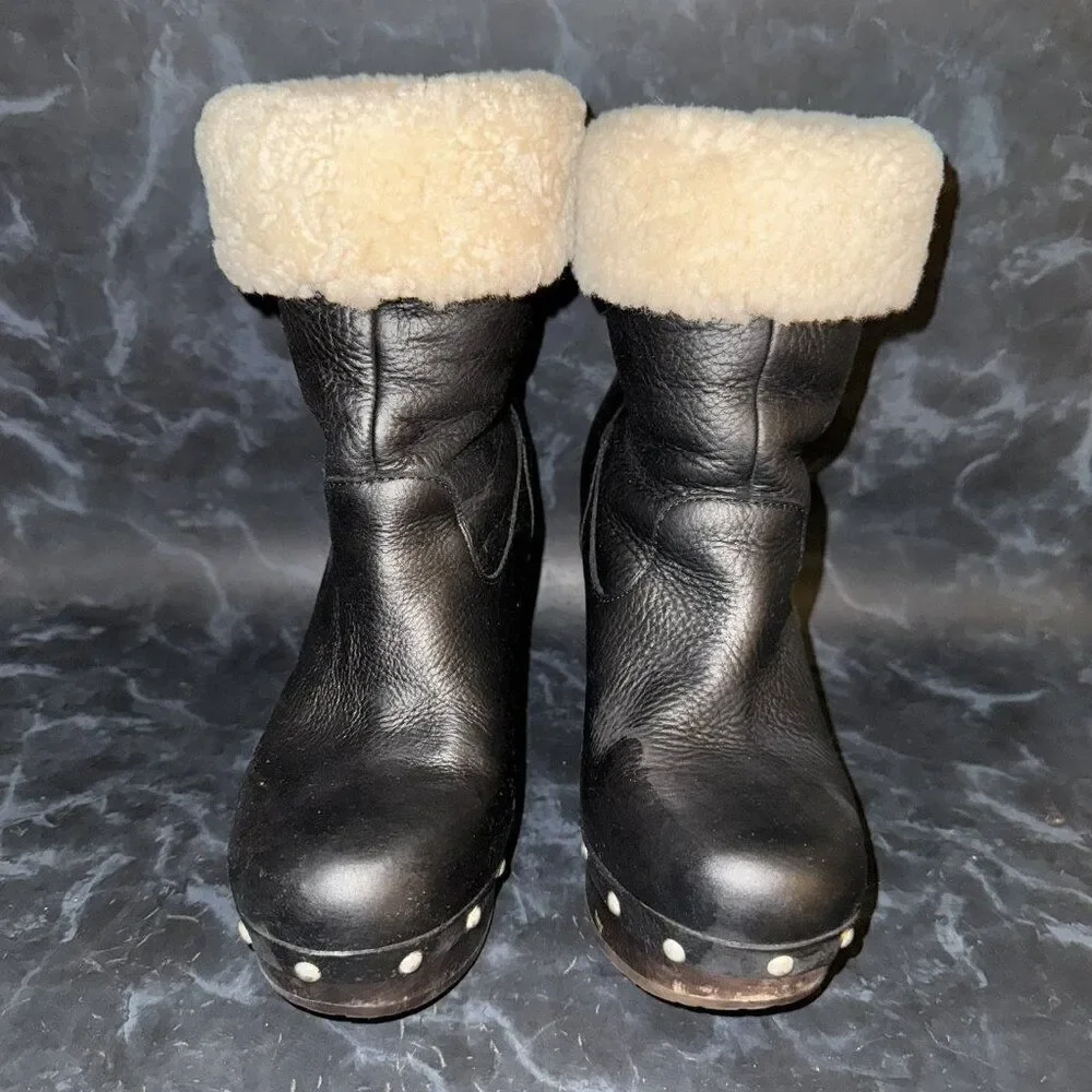 UGG Carnegie Black Nubuck Leather Wooden Wedge Heel Boots Womens Size 6